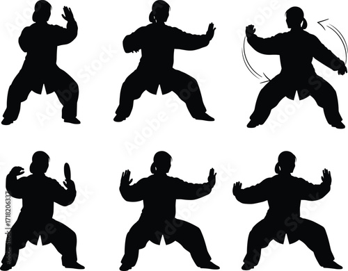 Tai Chi silhouette, martial arts pose, traditional movement, kung fu stance, balance exercise, meditation practice, vector illustration, cultural discipline, health training, fitness