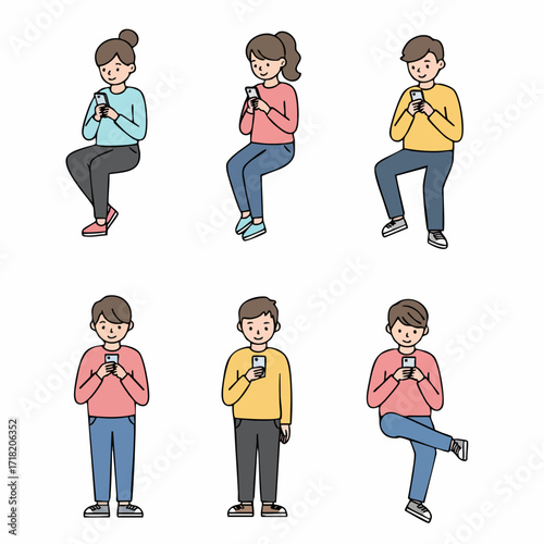 Simple Flat Illustration of People Sitting Using Mobile Phone Collection