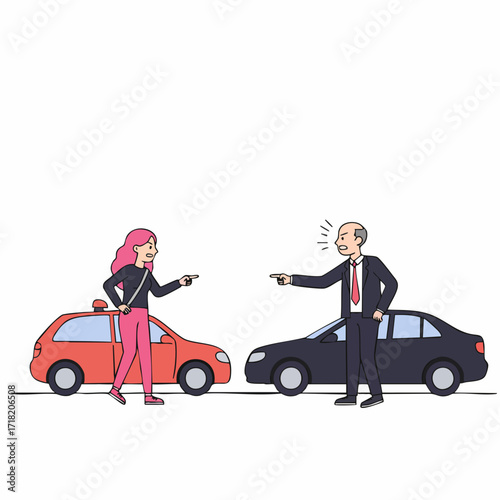 Cartoon Handdrawn Angry People Arguing After a Car Accident Illustration