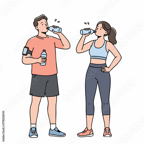 Minimalist Line Art Couple Drinking Water After Workout Illustration