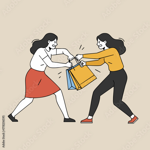 Flat Illustration Two Women Fighting Over Shopping Bag Conflict Concept
