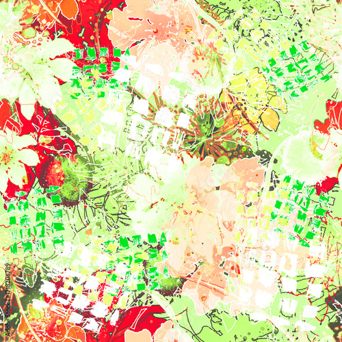 Watercolor seamless pattern, background with a floral pattern. aster, poppy, cornflower,pansies, viola, field or garden flowers. A blurred silhouette of fairy-tale herbs and flowers in the forest. 

