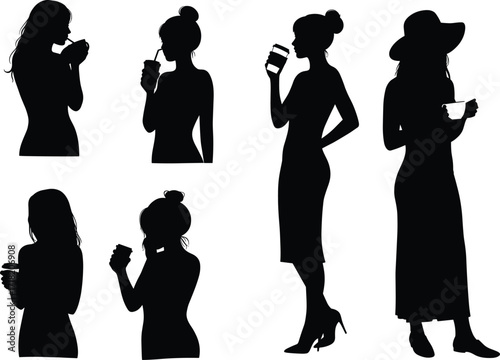 Women silhouette, drinking coffee, holding cup, tea drinker, lifestyle posture, fashion style, beverage container, relaxation, leisure activity, modern elegance