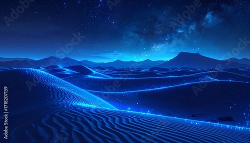 
Endless desert shimmering with glowing dunes of blue light, surreal otherworldly DESIGN giving alien atmosphere. 