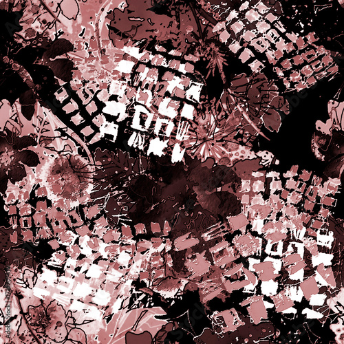 Watercolor seamless pattern, background with a floral pattern. aster, poppy, cornflower,pansies, viola, field or garden flowers. A blurred silhouette of fairy-tale herbs and flowers in the forest.