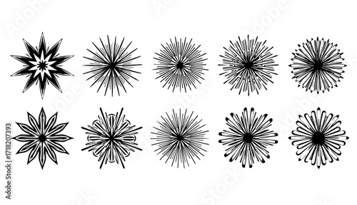 Discover a dynamic collection of black and white starburst shapes, perfect for adding a burst of energy and excitement to your creative projects
