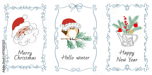 Merry Christmas and New Year greeting cards in retro style. Poster, banner with a printing company, Santa in a vintage frame. A template for printing. Design for a gift bag, packaging.