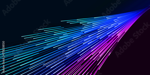 Glowing neon lines in green, blue, red, and purple colors on dark background. Representing fast data transfer, fiber optic internet technology, and digital communication speed.