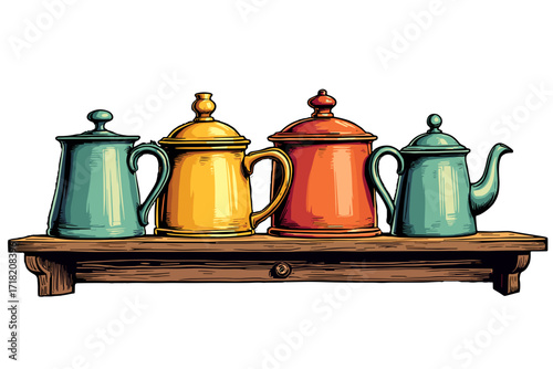 Tea canisters on vintage shelf with colorful design on a transparent background for kitchen decor