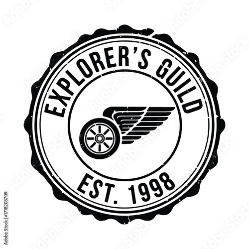 Explorer s guild est 1998 emblem with wings and wheel
