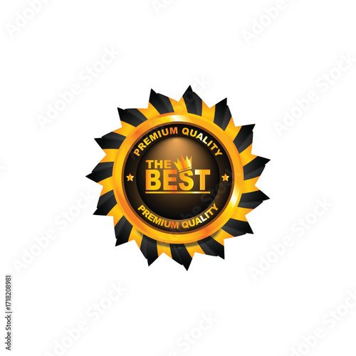 Golden bright medal, Gold award round podium with laurel wreath, ribbon, star, shiny glitter and sparkles isolated on dark background. Vector golden symbol of victory,