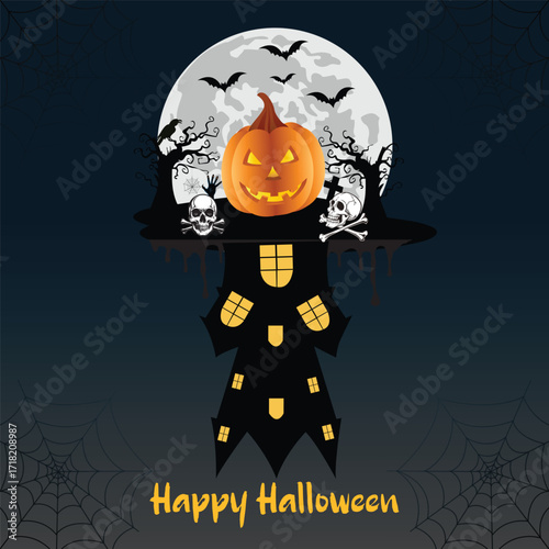Spooky Halloween Scene with Pumpkin and Haunted House