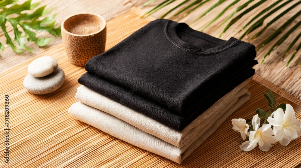Fototapeta premium Blank black yoga pants on bamboo mat spa setting