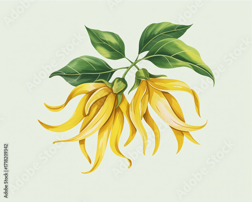 Delicate Watercolor Illustration of Ylang-Ylang Flowers with Lush Green Leaves, Emphasizing Botanical Elegance