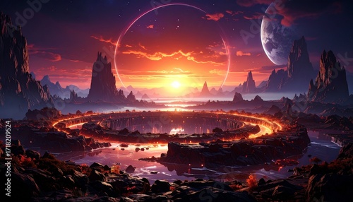 Floating rings of rock orbiting a radiant core, mystical horizon shaping otherworldly DESIGN atmosphere in vibrant tones. 