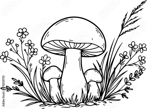 Monochrome illustration of a single mushroom surrounded by delicate plants, flowers, and grass, isolated on white.
