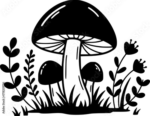 Monochrome illustration of a single mushroom surrounded by delicate plants, flowers, and grass, isolated on white.
