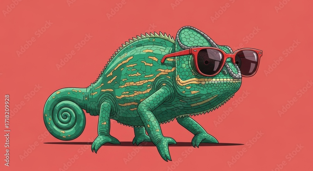 Obraz premium Chameleon Wearing Cool Red Sunglasses Standing Proudly on a Coral Background