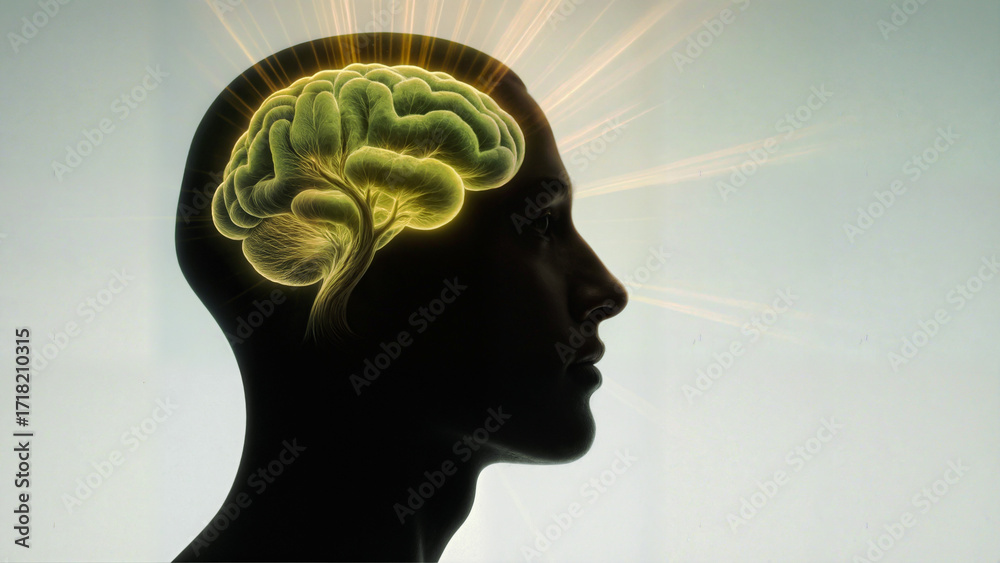 Obraz premium Abstract concept of human brain glowing with golden light inside head