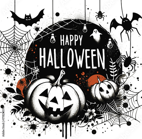 A bold Halloween artwork featuring a carved pumpkin, tangled webs, swirls, and bats set against a gritty black and orange splash. Energetic, decorative design suitable for holiday 4