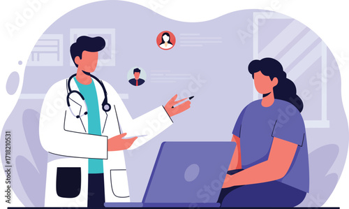 Vector art of doctor is consulting with a patient in the office with laptop and stethoscope