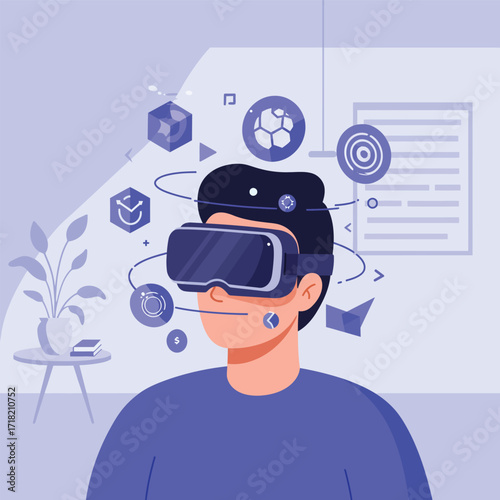 Vector art of man using vr headset, experiencing virtual reality and immersive digital world