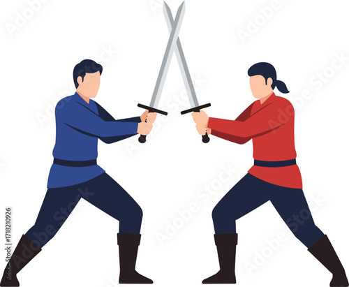 Vector art of two men dueling with swords, facing each other in a battle illustration