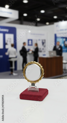 Blank 3D Badge Mockup on Event Stand with Promotional Background