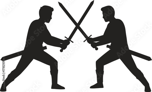 Vector art of silhouette of two men dueling with swords, facing each other in a battle