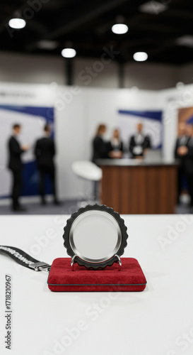 Blank 3D Badge Mockup on Event Stand with Promotional Background