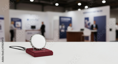 Blank 3D Badge Mockup on Event Stand with Promotional Background