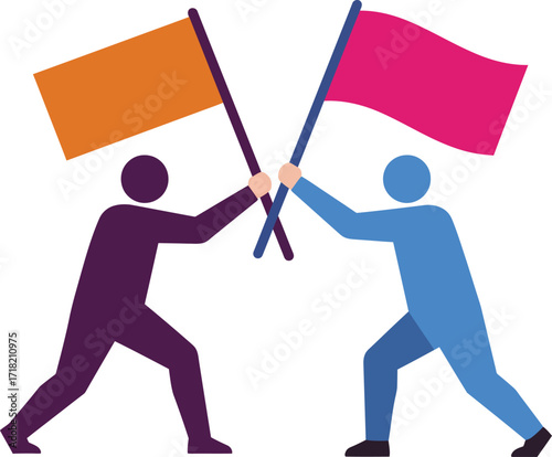 Vector art of two people holding flags in a competitive stance, ready for a challenge or confrontation