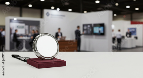 Blank 3D Badge Mockup on Event Stand with Promotional Background