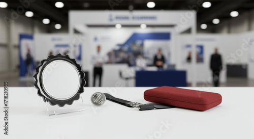 Blank 3D Badge Mockup on Event Stand with Promotional Background
