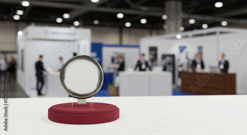 Blank 3D Badge Mockup on Event Stand with Promotional Background