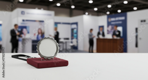 Blank 3D Badge Mockup on Event Stand with Promotional Background