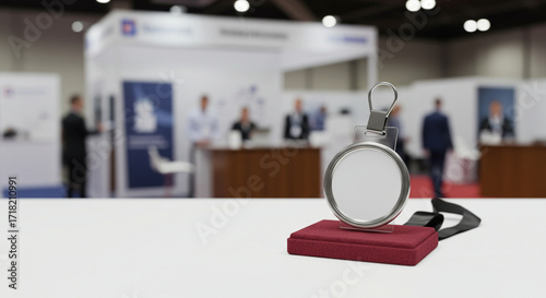 Blank 3D Badge Mockup on Event Stand with Promotional Background