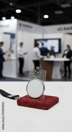 Blank 3D Badge Mockup on Event Stand with Promotional Background