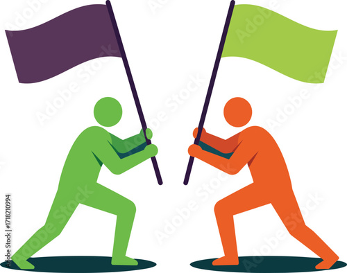 Vector art of two people holding flags face each other in a competitive or confrontational manner
