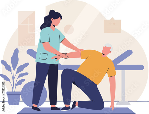 Vector art of physical therapist assisting senior man with exercise