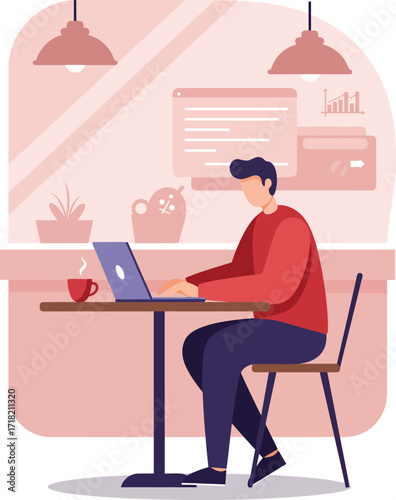 Vector art of man working on laptop in cafe