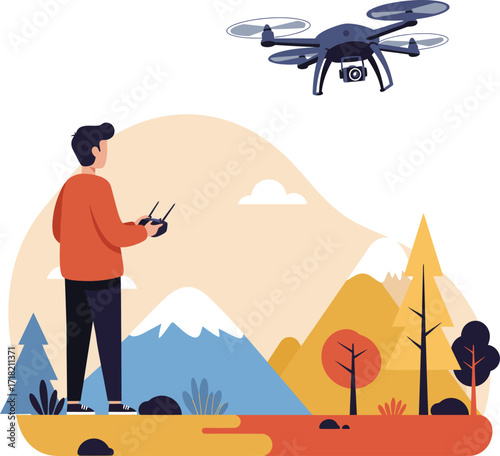 Vector art of man operating a drone in nature with mountains and trees in the background