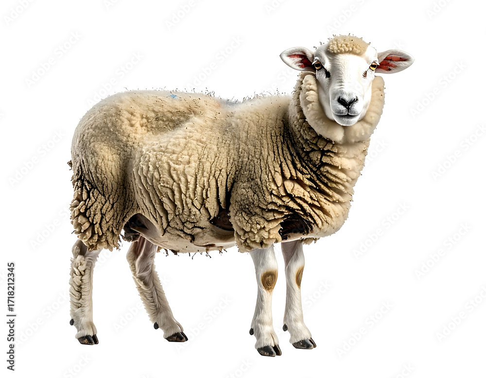 Fototapeta premium Full shot of a sheep, facing forward, with thick fleece