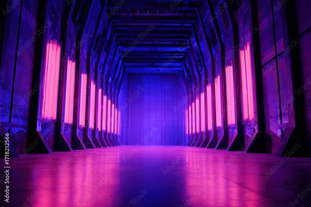 Fototapeta premium Neon-lit corridor with vibrant purple and pink lights, creating a futuristic atmosphere for photography