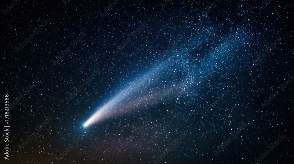 Fototapeta premium Celestial Data Stream - Comets Icy Tail Trailing Digital Code Across the Cosmos.