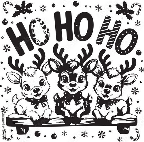 Three cartoon reindeer with red bows sitting on a wooden bench under ho ho ho text art