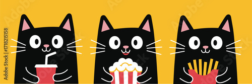 Cute Kitten at Cinema, Snacking on Popcorn, Soda, and French Fries – Playful Cartoon Sticker Design for Kids on Bright Yellow Background
