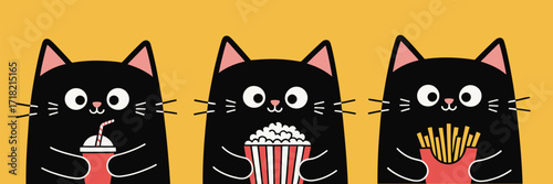 Cute Kitten at Cinema, Snacking on Popcorn, Soda, and French Fries – Playful Cartoon Sticker Design for Kids on Bright Yellow Background