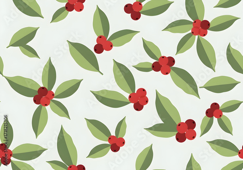 Wallpaper Mural A repeating pattern of holly leaves with red berries on a light background, evoking a festive or seasonal theme. Torontodigital.ca