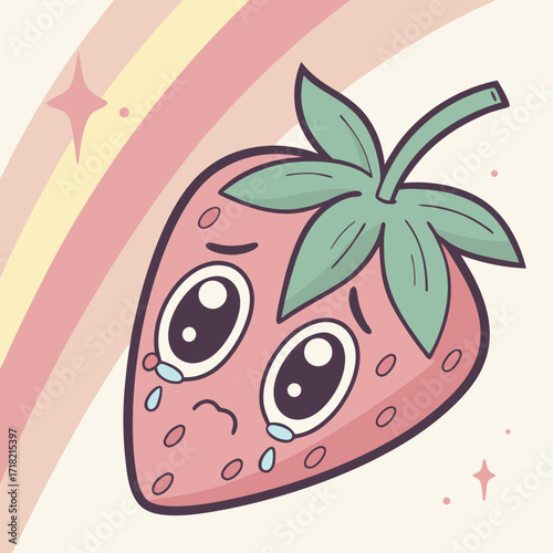 Sad cartoon strawberry with rainbow background, an emotional fruit illustration